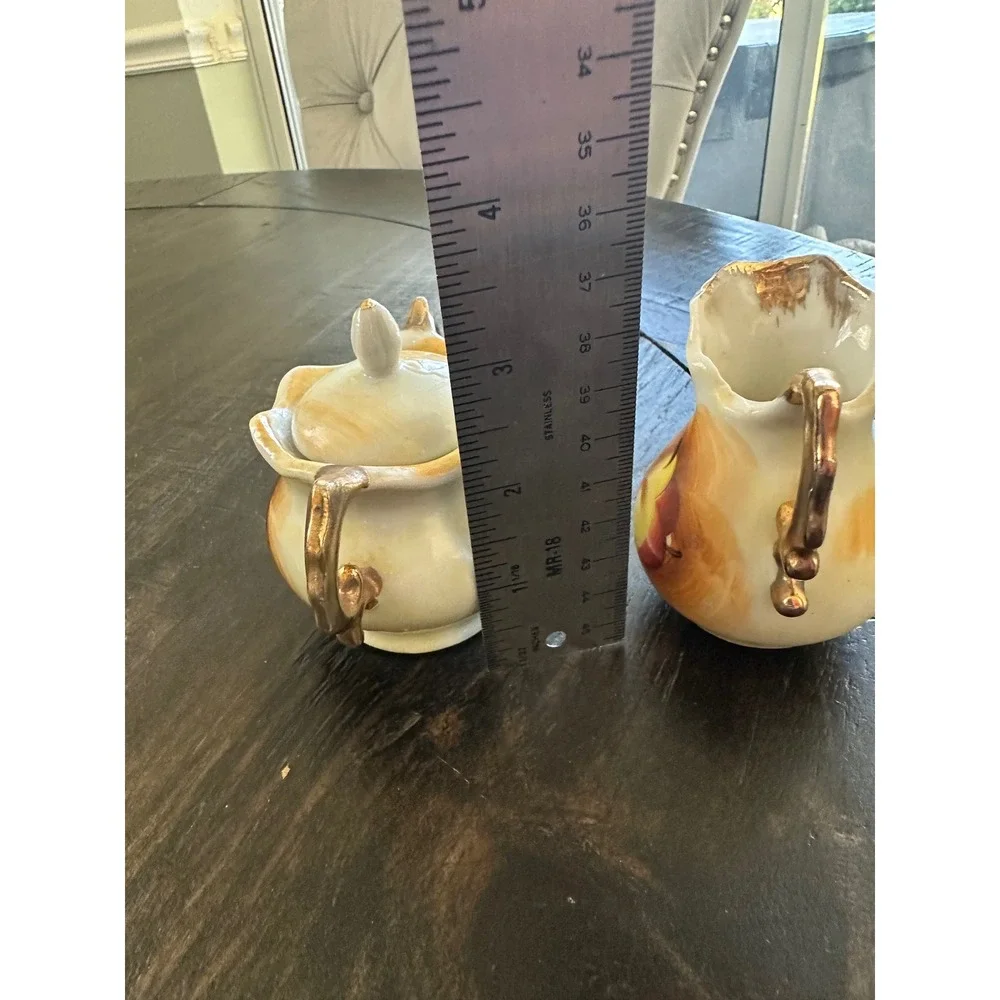 Vintage Mini Creamer Sugar Bowl Set Hand Painted Fruit Gold Trim Porcelain Japan